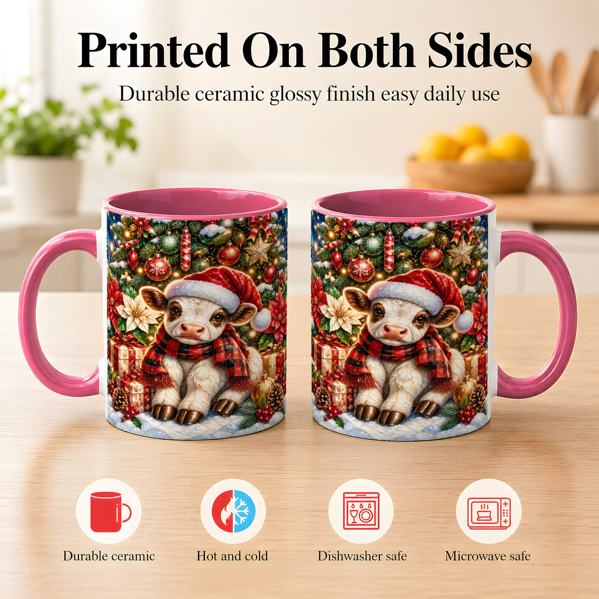 #pl[11oz|Pink] Christmas Calf Coffee Mug, Festive Farm Animal Mug, Ceramic Cup
