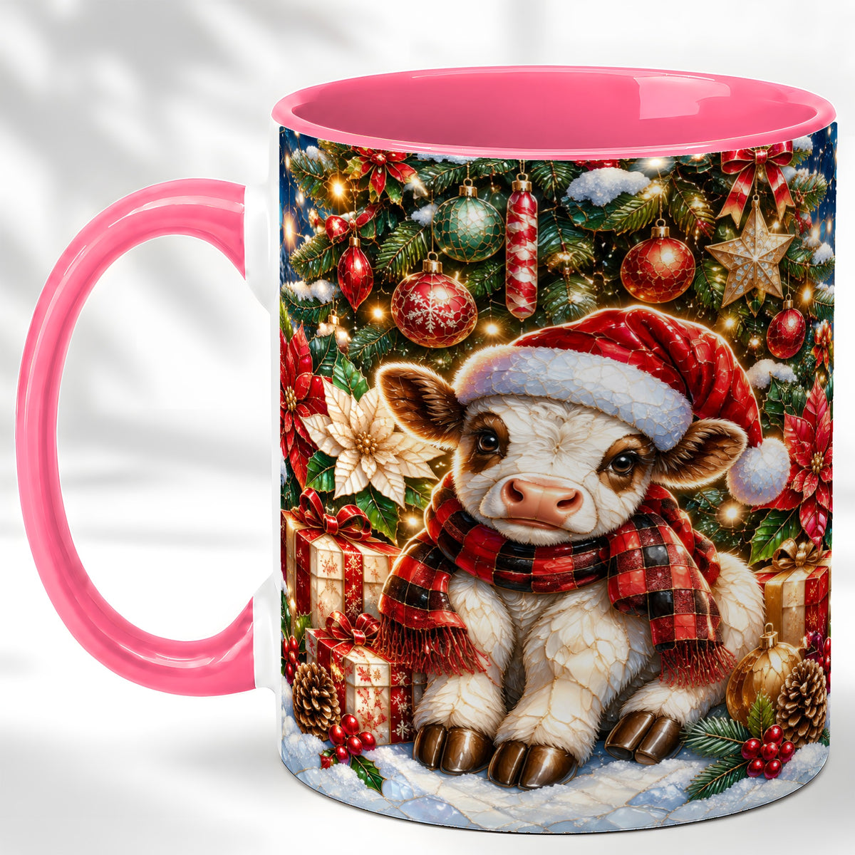 #pl[11oz|Pink] Christmas Calf Coffee Mug, Festive Farm Animal Mug, Ceramic Cup