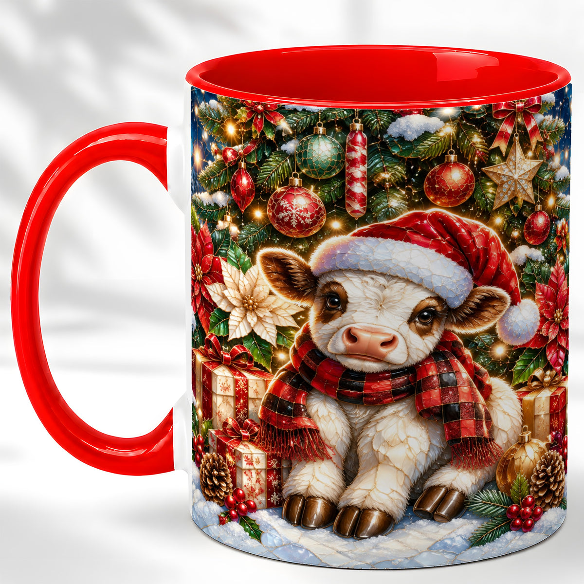 #pl[11oz|Red] Christmas Calf Coffee Mug, Festive Farm Animal Mug, Ceramic Cup