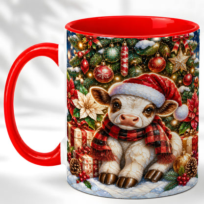 #pl[11oz|Red] Christmas Calf Coffee Mug, Festive Farm Animal Mug, Ceramic Cup