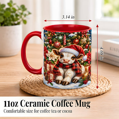 #pl[11oz|Red] Christmas Calf Coffee Mug, Festive Farm Animal Mug, Ceramic Cup