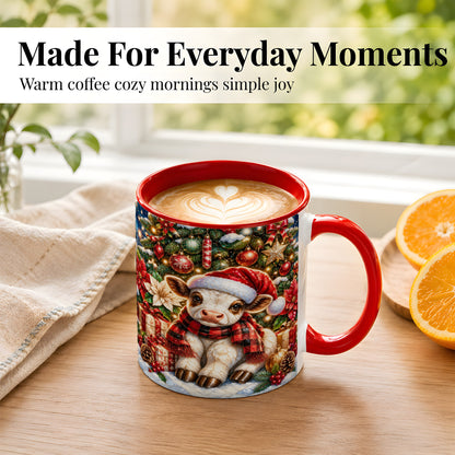#pl[11oz|Red] Christmas Calf Coffee Mug, Festive Farm Animal Mug, Ceramic Cup