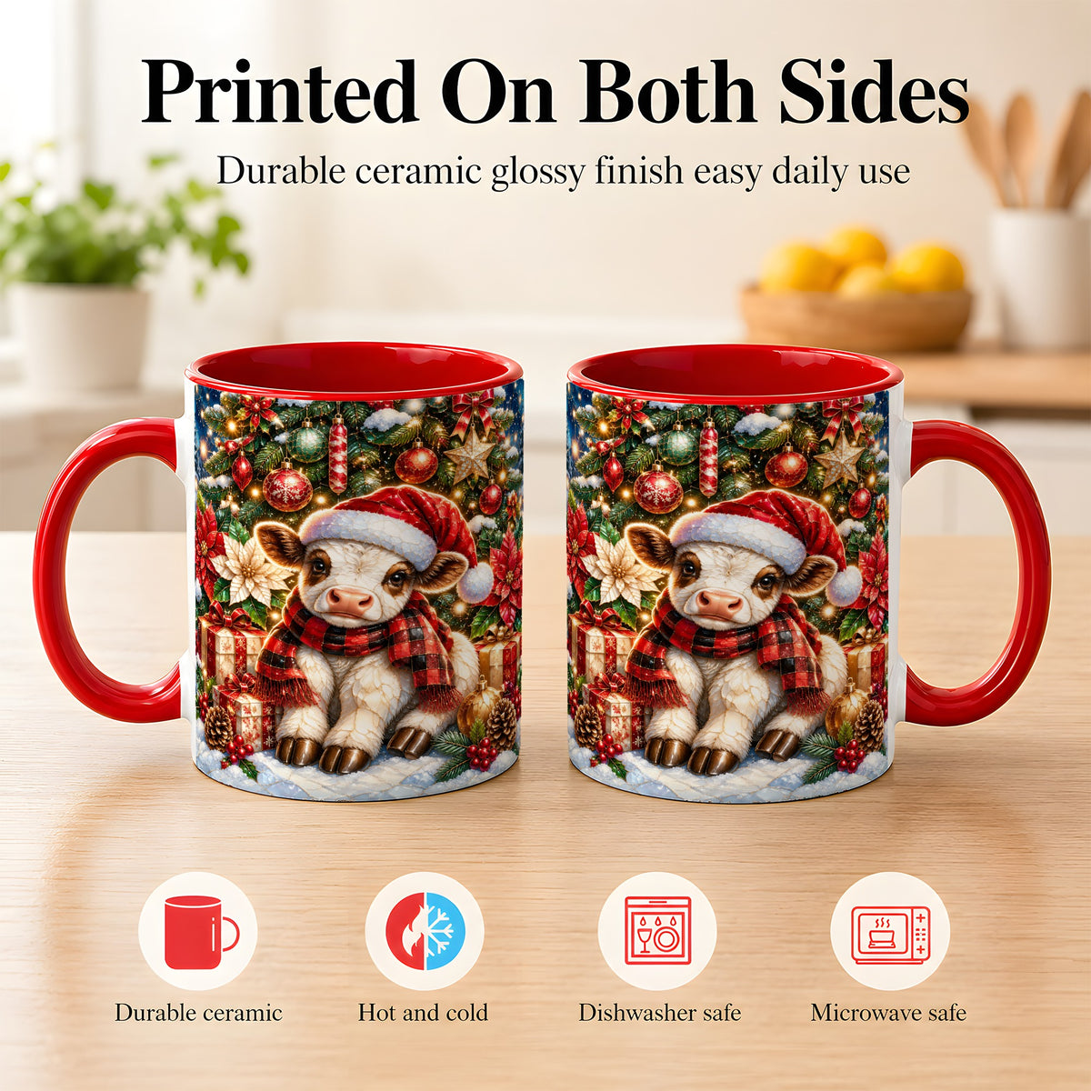 #pl[11oz|Red] Christmas Calf Coffee Mug, Festive Farm Animal Mug, Ceramic Cup