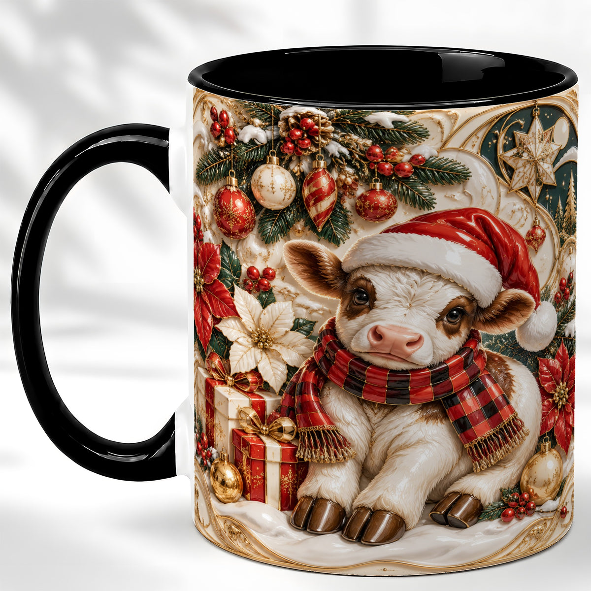 #pl[11oz|Black] Christmas Calf Coffee Mug, Poinsettia Farm Mug, Ceramic Cup