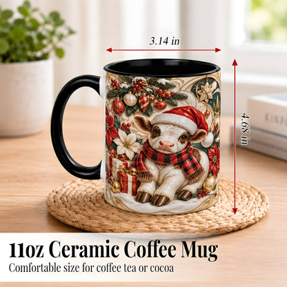#pl[11oz|Black] Christmas Calf Coffee Mug, Poinsettia Farm Mug, Ceramic Cup