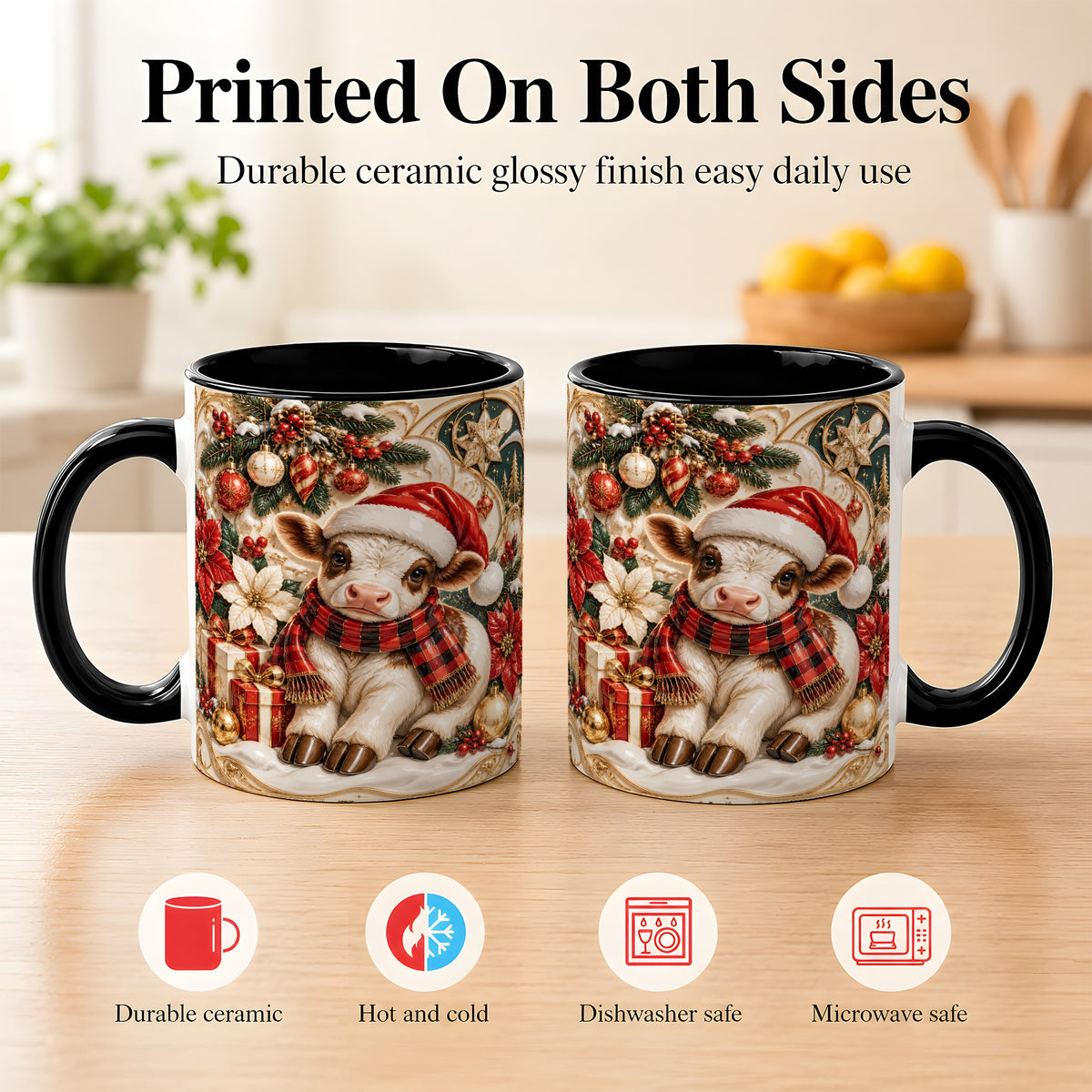#pl[11oz|Black] Christmas Calf Coffee Mug, Poinsettia Farm Mug, Ceramic Cup