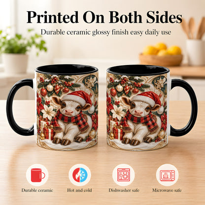#pl[11oz|Black] Christmas Calf Coffee Mug, Poinsettia Farm Mug, Ceramic Cup