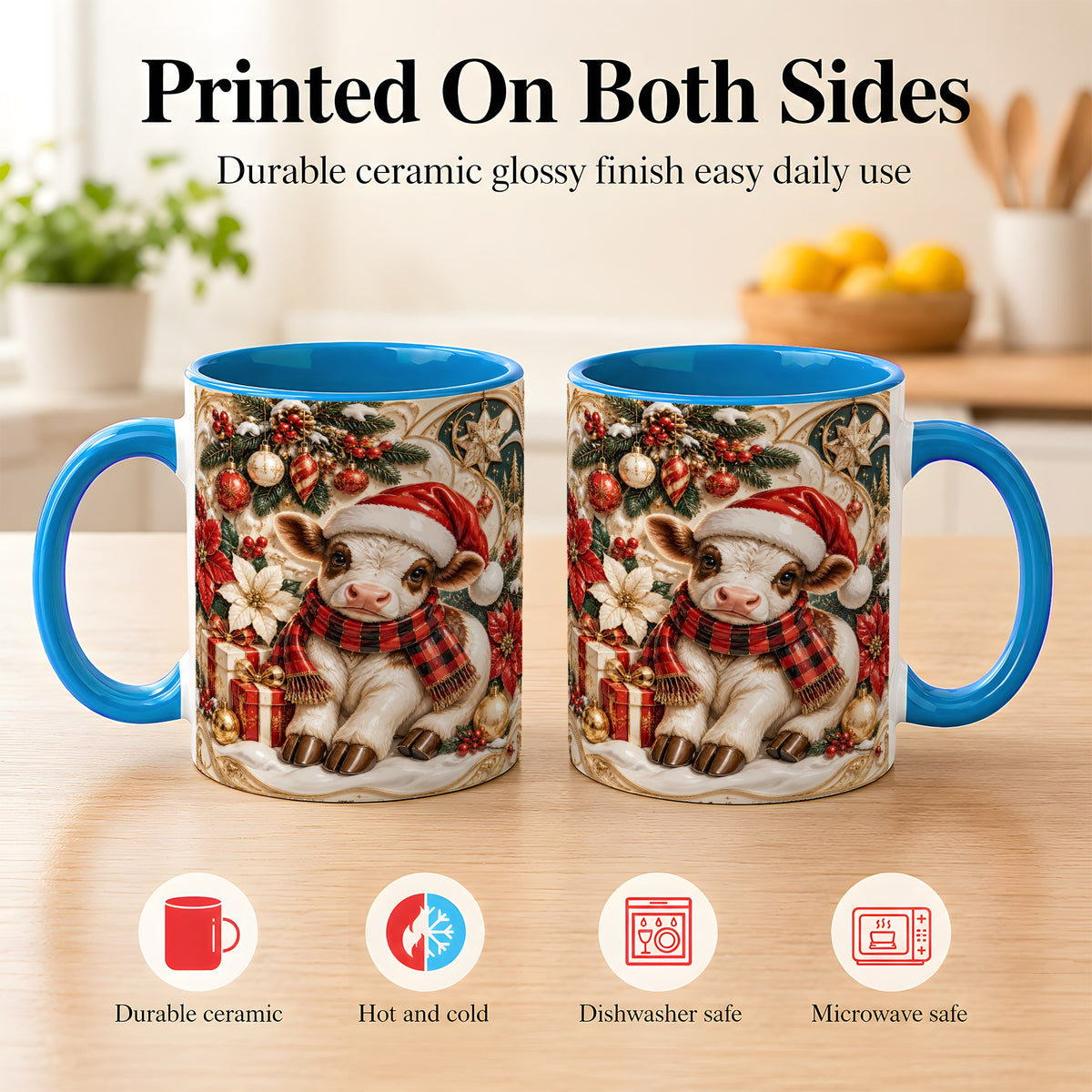 #pl[11oz|Blue] Christmas Calf Coffee Mug, Poinsettia Farm Mug, Ceramic Cup