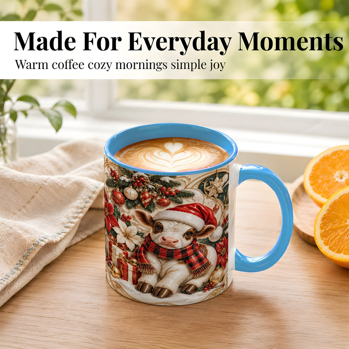 #pl[11oz|Blue] Christmas Calf Coffee Mug, Poinsettia Farm Mug, Ceramic Cup