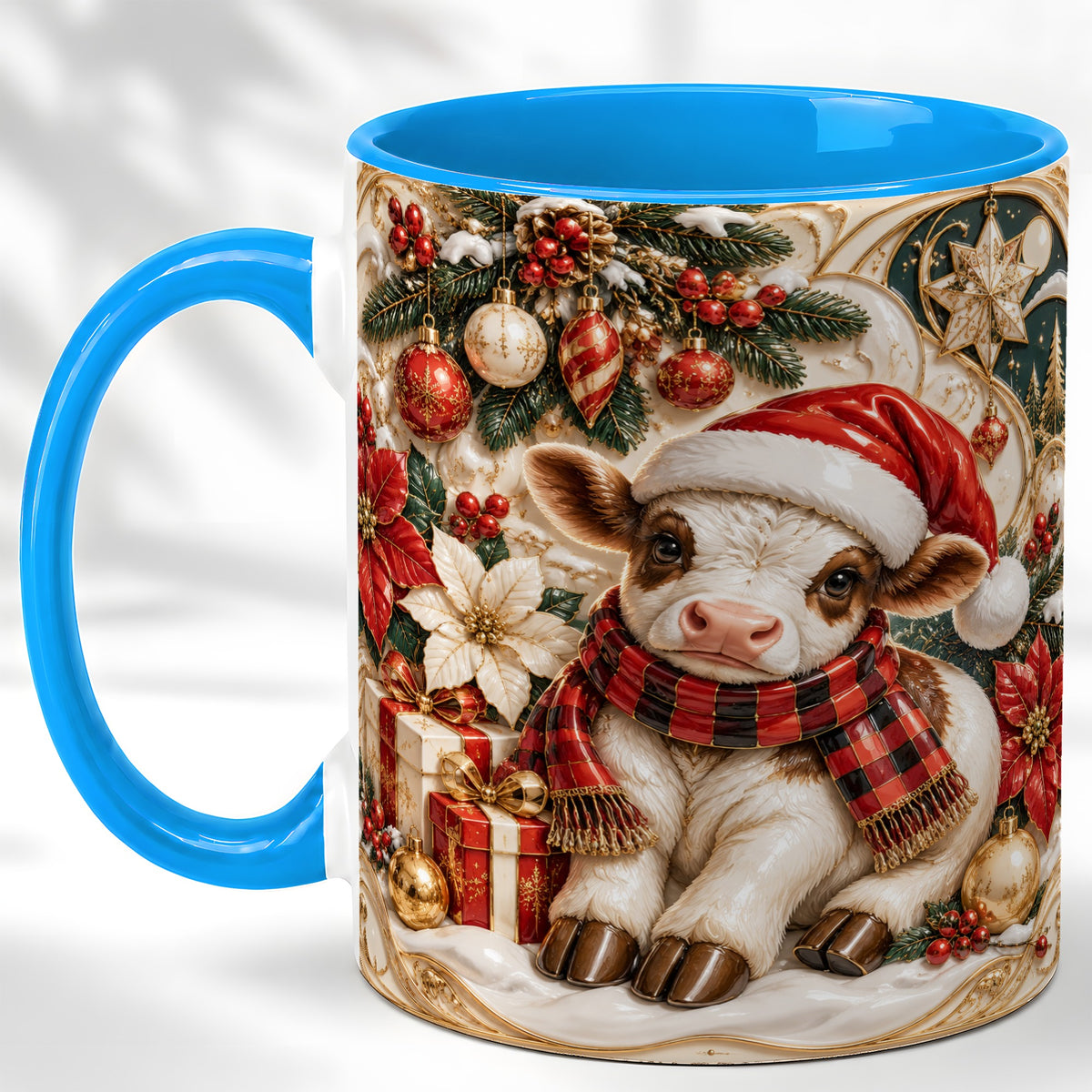 #pl[11oz|Blue] Christmas Calf Coffee Mug, Poinsettia Farm Mug, Ceramic Cup