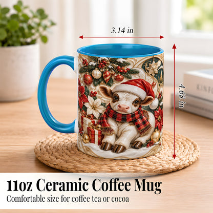 #pl[11oz|Blue] Christmas Calf Coffee Mug, Poinsettia Farm Mug, Ceramic Cup