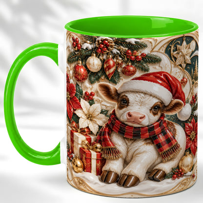 #pl[11oz|Green] Christmas Calf Coffee Mug, Poinsettia Farm Mug, Ceramic Cup