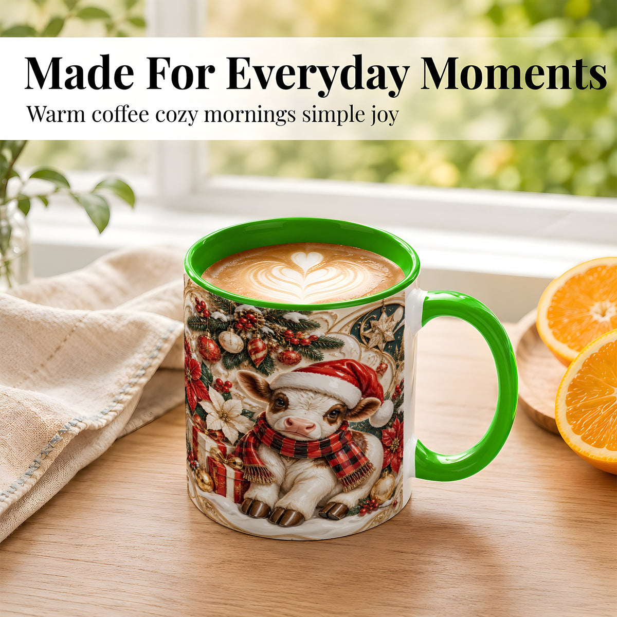 #pl[11oz|Green] Christmas Calf Coffee Mug, Poinsettia Farm Mug, Ceramic Cup