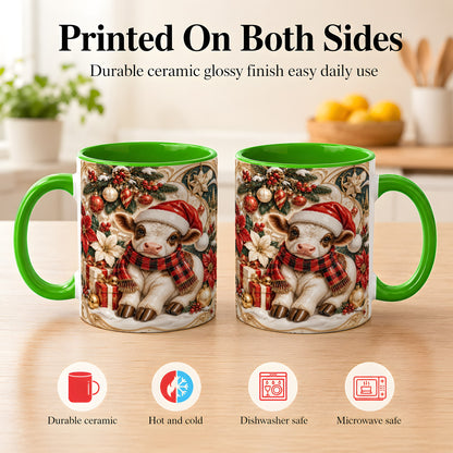 #pl[11oz|Green] Christmas Calf Coffee Mug, Poinsettia Farm Mug, Ceramic Cup