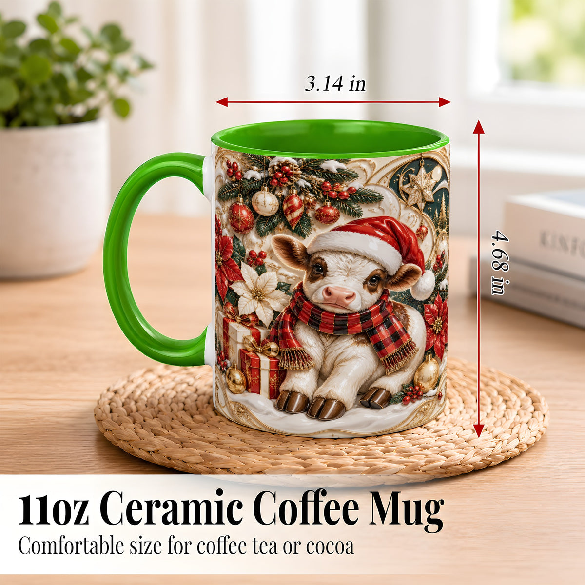 #pl[11oz|Green] Christmas Calf Coffee Mug, Poinsettia Farm Mug, Ceramic Cup
