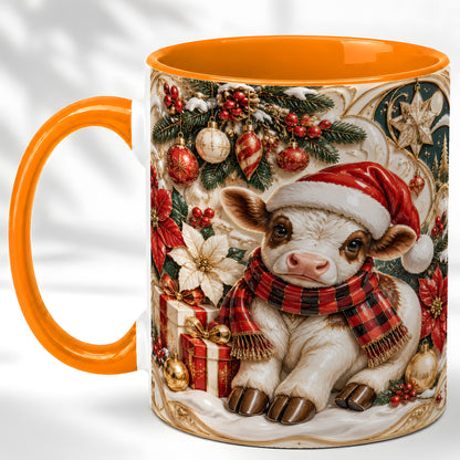 #pl[11oz|Orange] Christmas Calf Coffee Mug, Poinsettia Farm Mug, Ceramic Cup