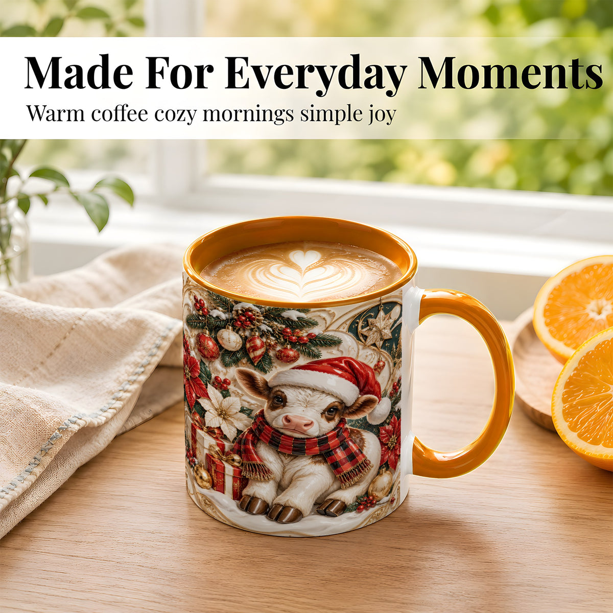#pl[11oz|Orange] Christmas Calf Coffee Mug, Poinsettia Farm Mug, Ceramic Cup