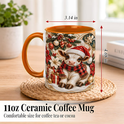 #pl[11oz|Orange] Christmas Calf Coffee Mug, Poinsettia Farm Mug, Ceramic Cup