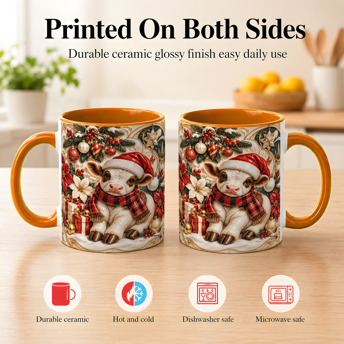 #pl[11oz|Orange] Christmas Calf Coffee Mug, Poinsettia Farm Mug, Ceramic Cup