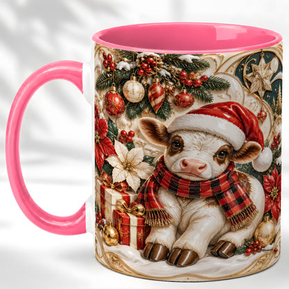 #pl[11oz|Pink] Christmas Calf Coffee Mug, Poinsettia Farm Mug, Ceramic Cup