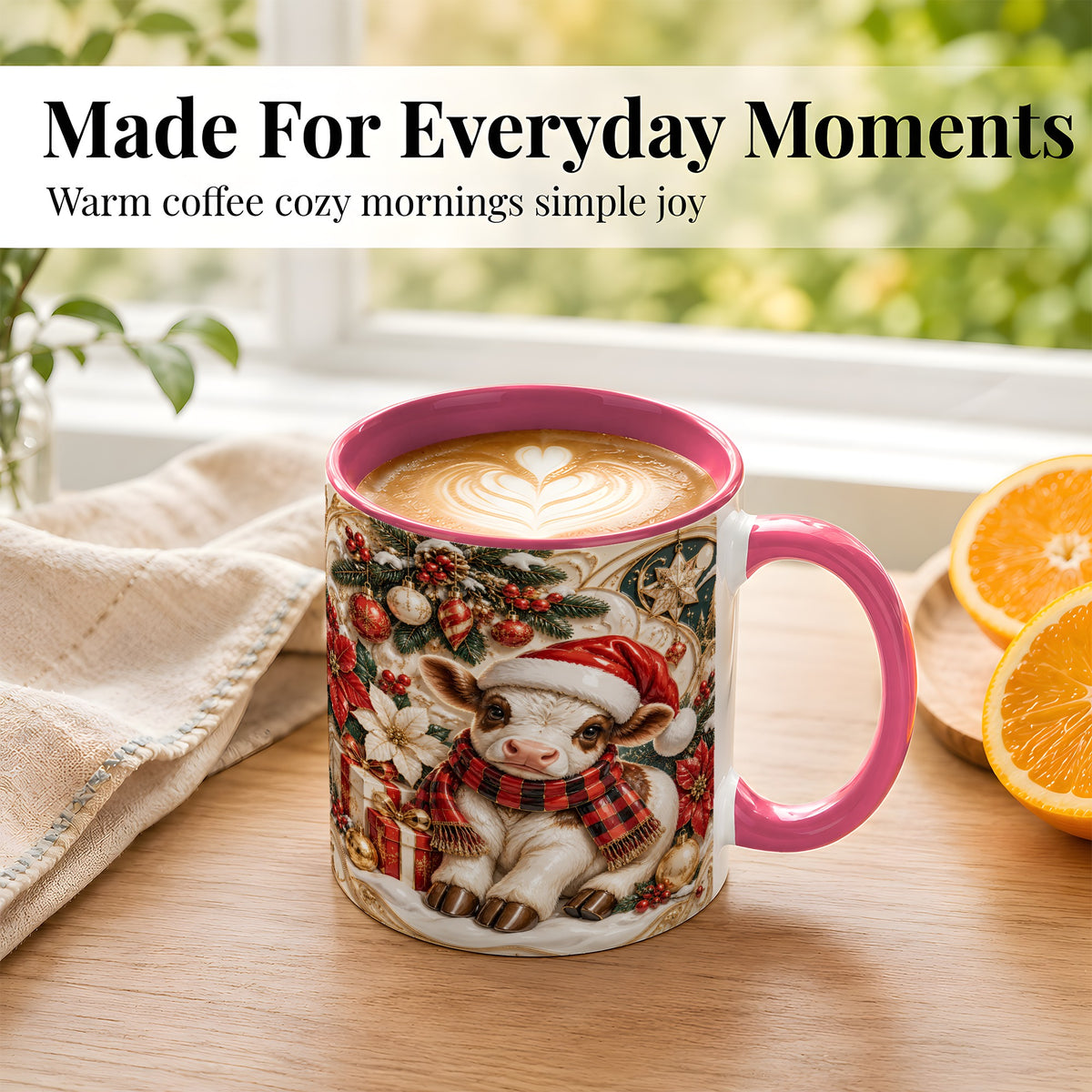 #pl[11oz|Pink] Christmas Calf Coffee Mug, Poinsettia Farm Mug, Ceramic Cup