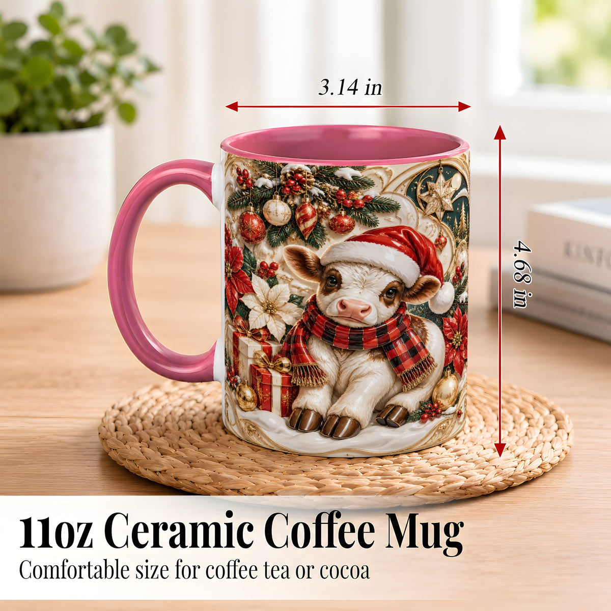 #pl[11oz|Pink] Christmas Calf Coffee Mug, Poinsettia Farm Mug, Ceramic Cup