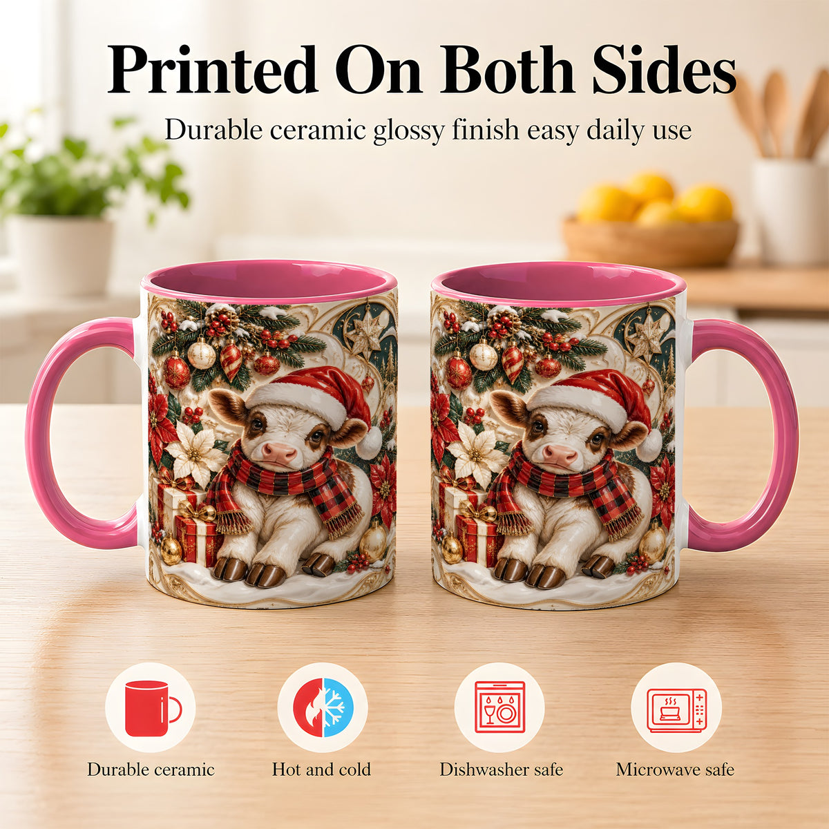 #pl[11oz|Pink] Christmas Calf Coffee Mug, Poinsettia Farm Mug, Ceramic Cup