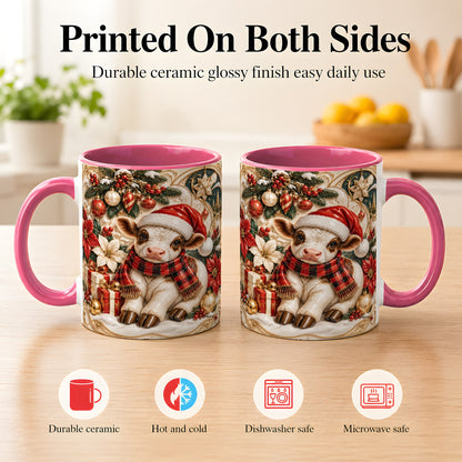 #pl[11oz|Pink] Christmas Calf Coffee Mug, Poinsettia Farm Mug, Ceramic Cup