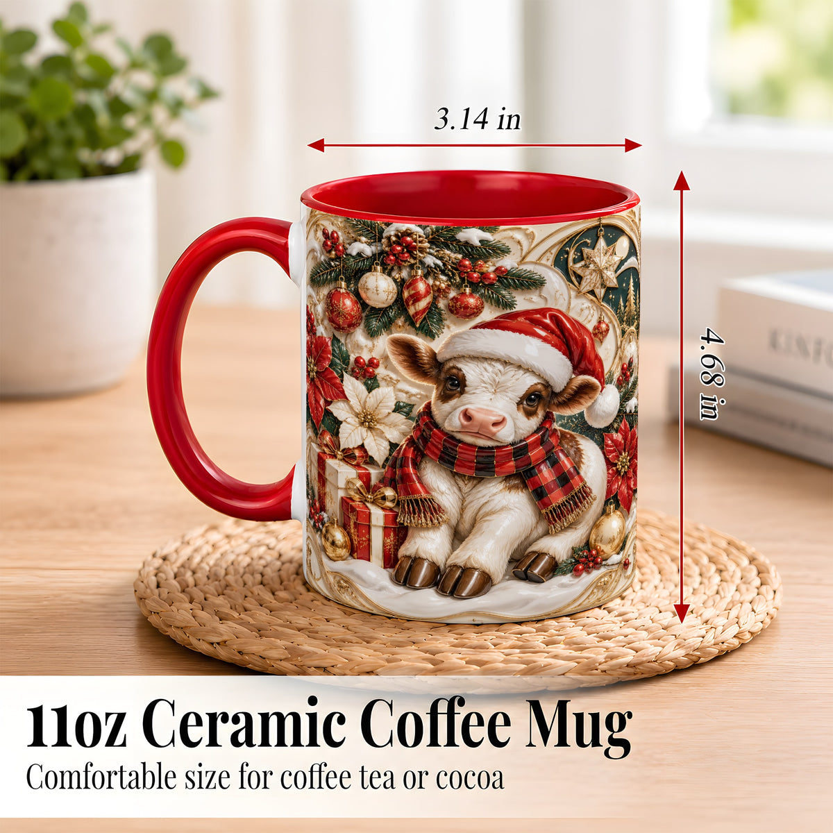 #pl[11oz|Red] Christmas Calf Coffee Mug, Poinsettia Farm Mug, Ceramic Cup