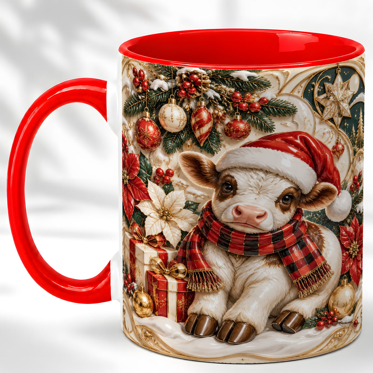 #pl[11oz|Red] Christmas Calf Coffee Mug, Poinsettia Farm Mug, Ceramic Cup
