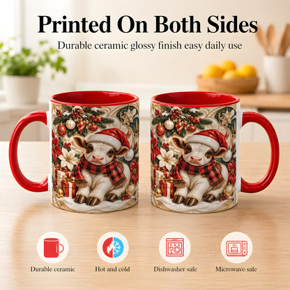 #pl[11oz|Red] Christmas Calf Coffee Mug, Poinsettia Farm Mug, Ceramic Cup