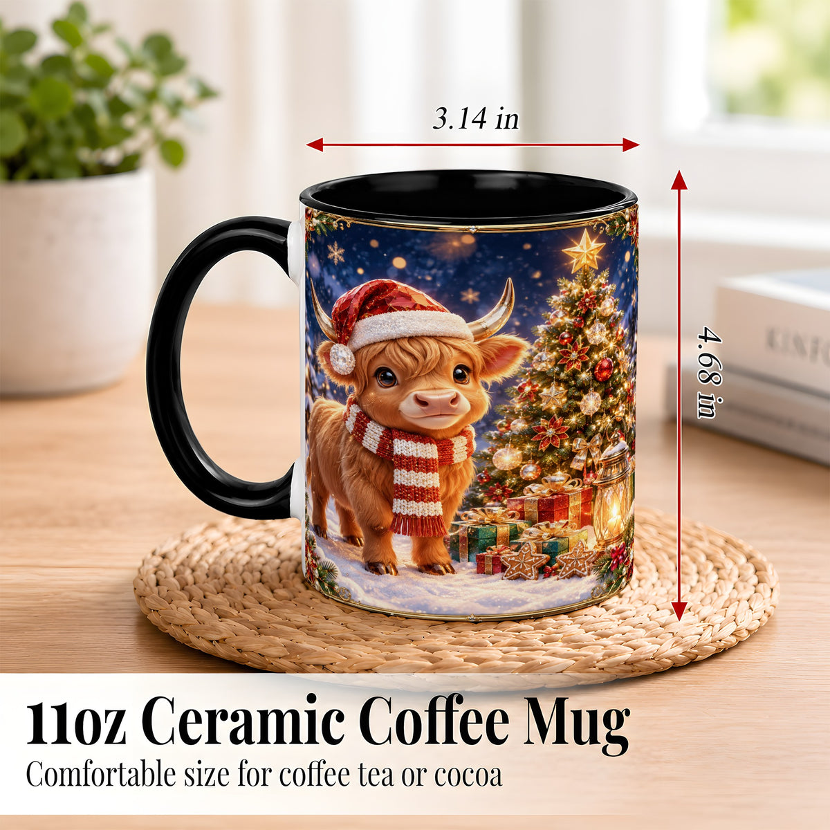 #pl[11oz|Black] Cute Christmas Highland Cow Coffee Mug, Holiday Cow Mug, Ceramic Cup