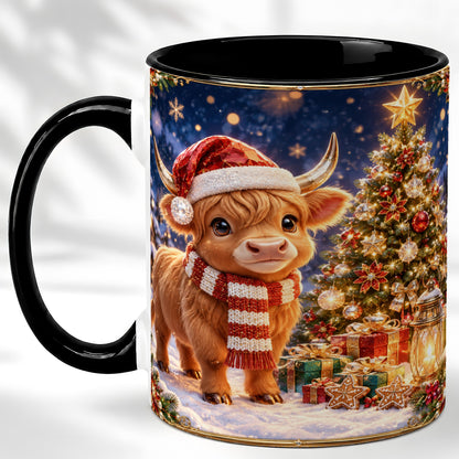 #pl[11oz|Black] Cute Christmas Highland Cow Coffee Mug, Holiday Cow Mug, Ceramic Cup