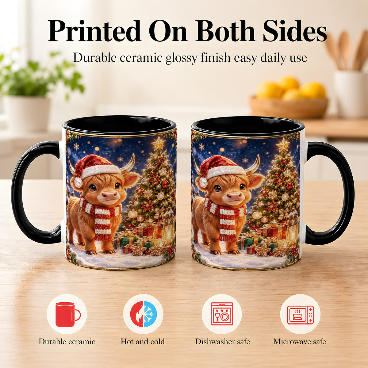 #pl[11oz|Black] Cute Christmas Highland Cow Coffee Mug, Holiday Cow Mug, Ceramic Cup