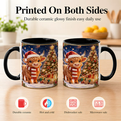 #pl[11oz|Black] Cute Christmas Highland Cow Coffee Mug, Holiday Cow Mug, Ceramic Cup