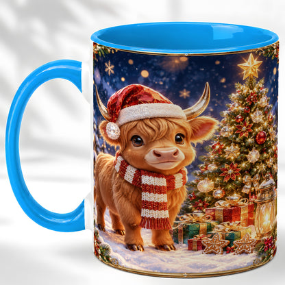 #pl[11oz|Blue] Cute Christmas Highland Cow Coffee Mug, Holiday Cow Mug, Ceramic Cup