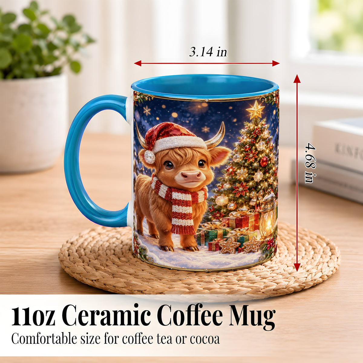 #pl[11oz|Blue] Cute Christmas Highland Cow Coffee Mug, Holiday Cow Mug, Ceramic Cup