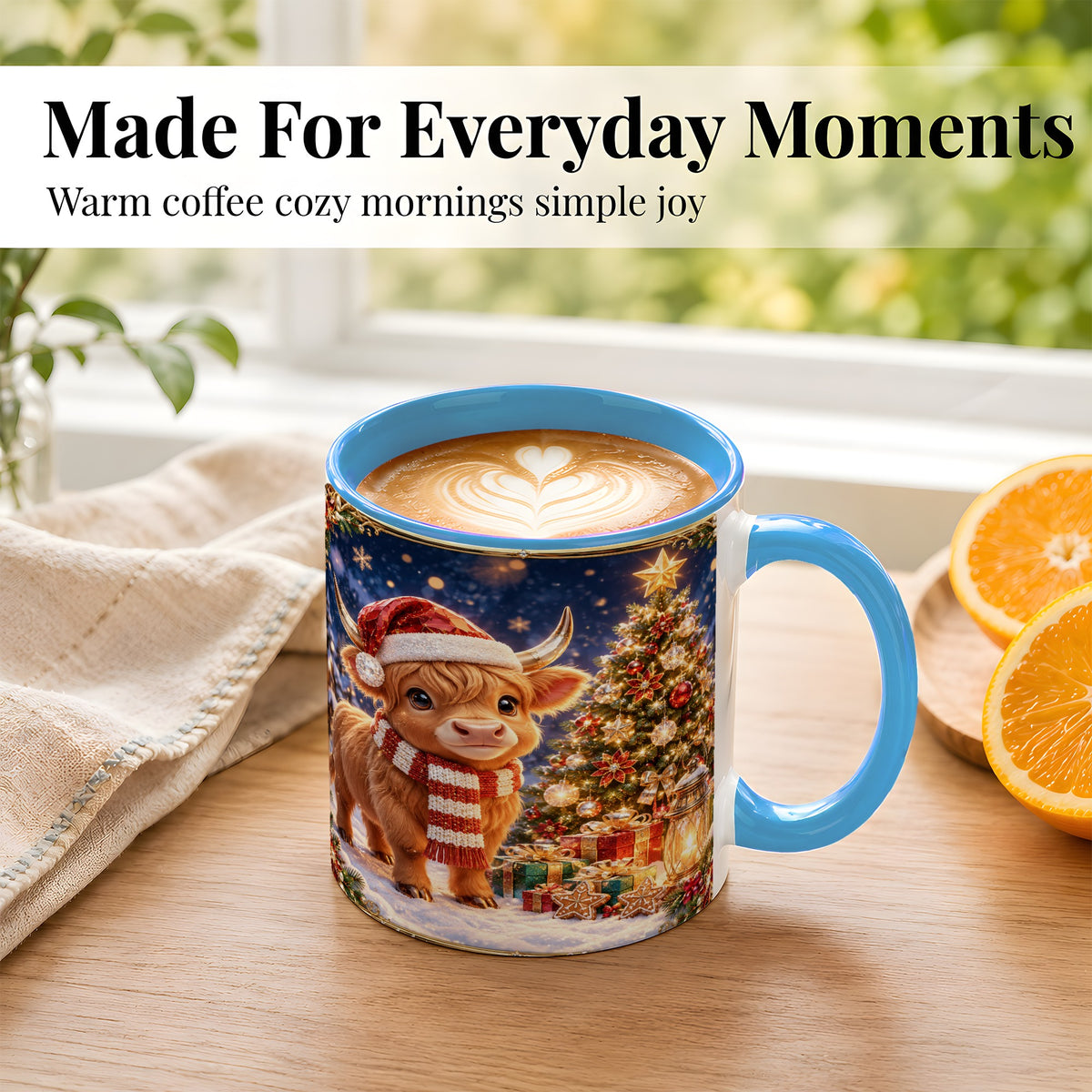 #pl[11oz|Blue] Cute Christmas Highland Cow Coffee Mug, Holiday Cow Mug, Ceramic Cup