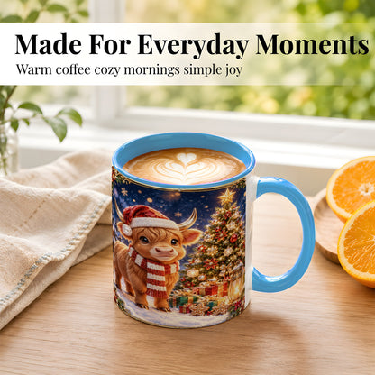 #pl[11oz|Blue] Cute Christmas Highland Cow Coffee Mug, Holiday Cow Mug, Ceramic Cup