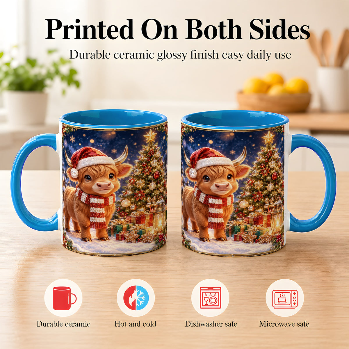 #pl[11oz|Blue] Cute Christmas Highland Cow Coffee Mug, Holiday Cow Mug, Ceramic Cup