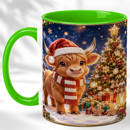 #pl[11oz|Green] Cute Christmas Highland Cow Coffee Mug, Holiday Cow Mug, Ceramic Cup