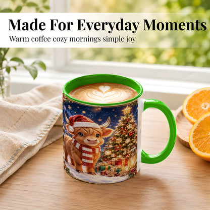 #pl[11oz|Green] Cute Christmas Highland Cow Coffee Mug, Holiday Cow Mug, Ceramic Cup