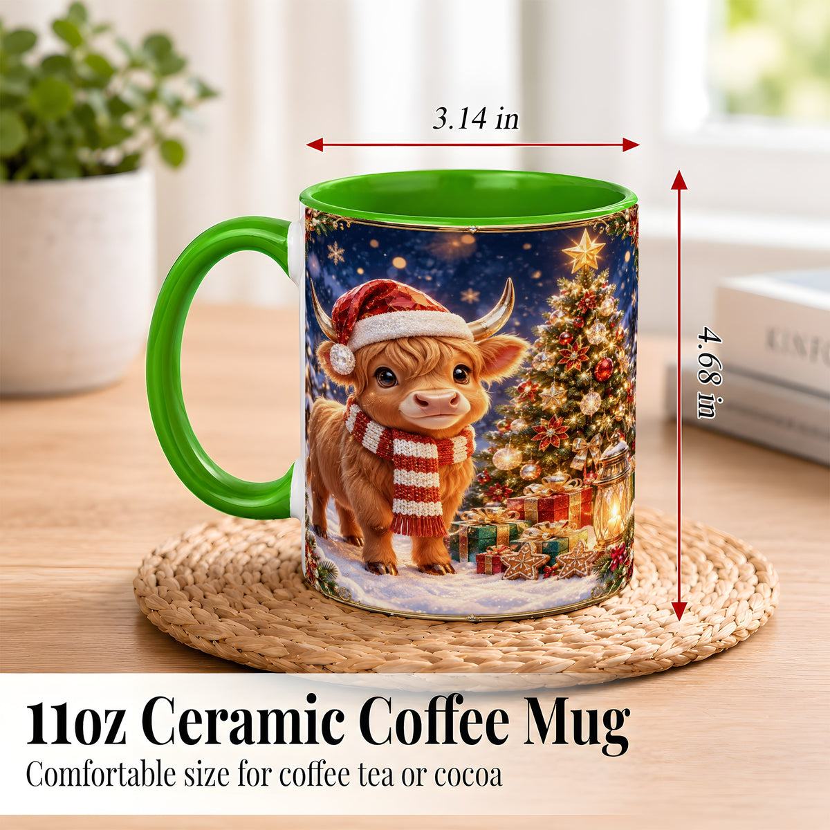 #pl[11oz|Green] Cute Christmas Highland Cow Coffee Mug, Holiday Cow Mug, Ceramic Cup