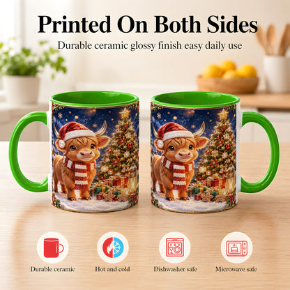#pl[11oz|Green] Cute Christmas Highland Cow Coffee Mug, Holiday Cow Mug, Ceramic Cup