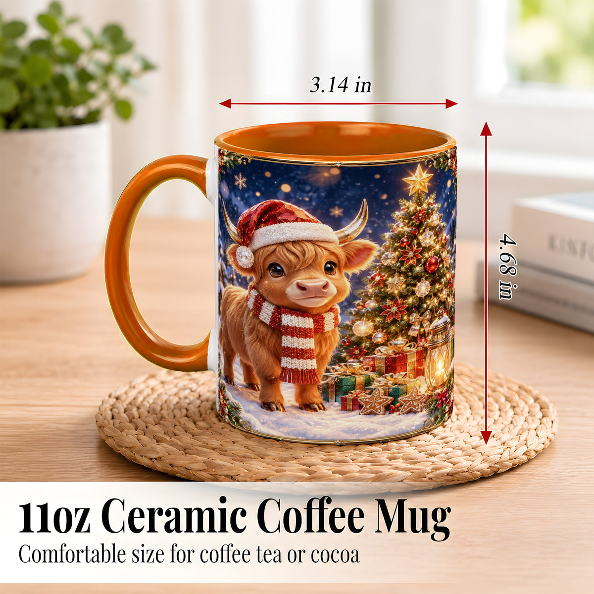 #pl[11oz|Orange] Cute Christmas Highland Cow Coffee Mug, Holiday Cow Mug, Ceramic Cup