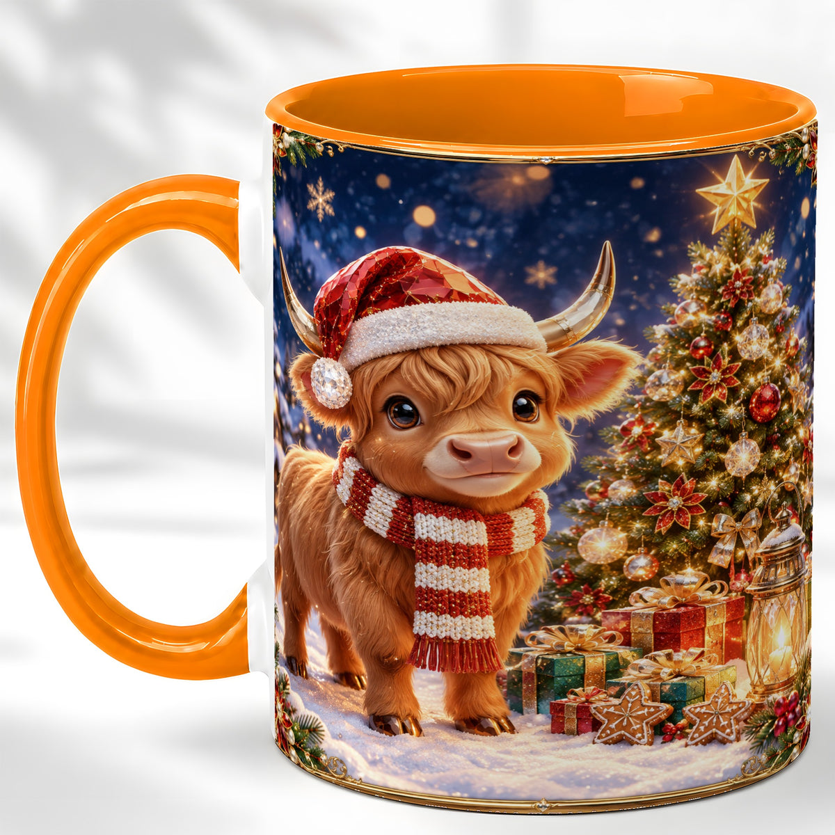 #pl[11oz|Orange] Cute Christmas Highland Cow Coffee Mug, Holiday Cow Mug, Ceramic Cup