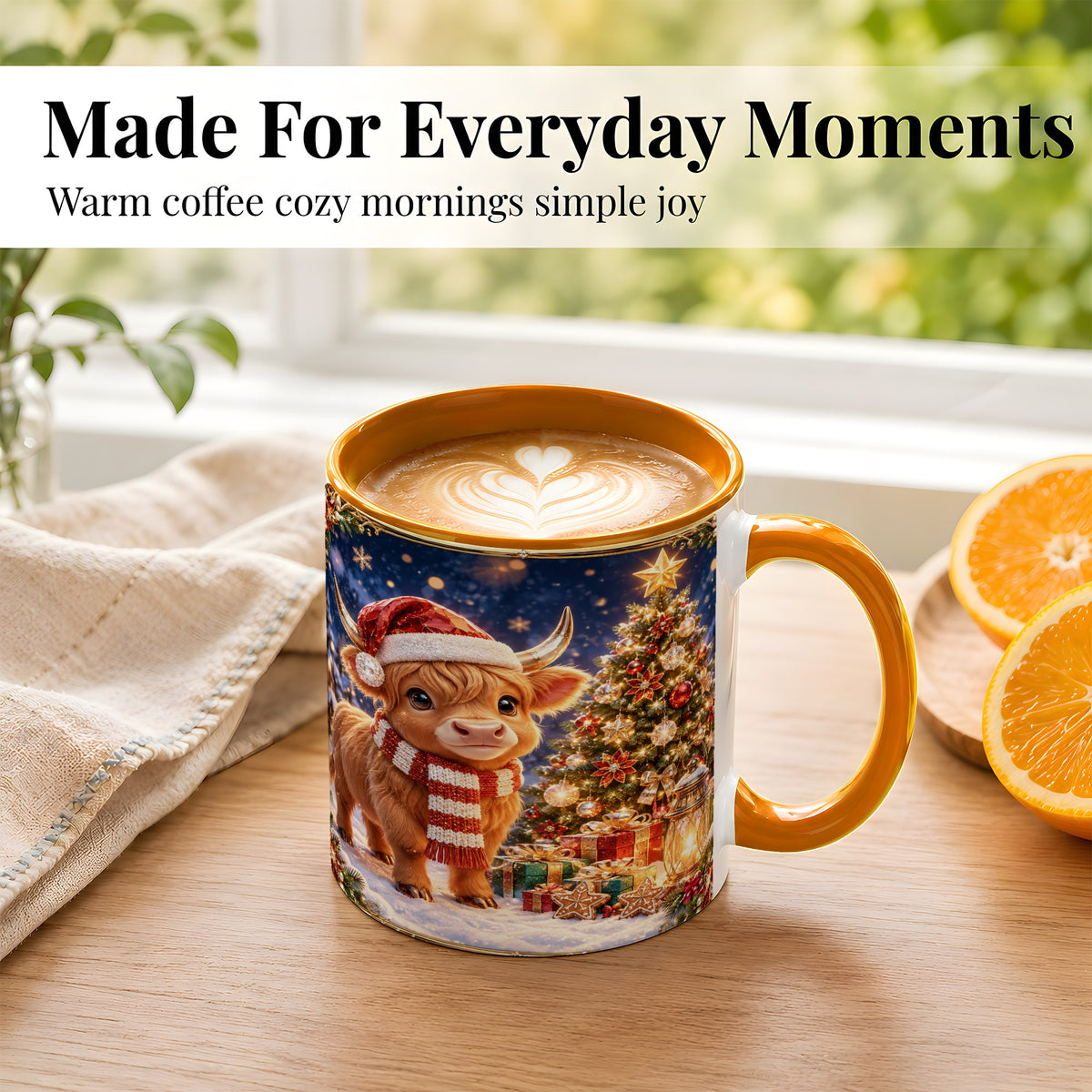 #pl[11oz|Orange] Cute Christmas Highland Cow Coffee Mug, Holiday Cow Mug, Ceramic Cup