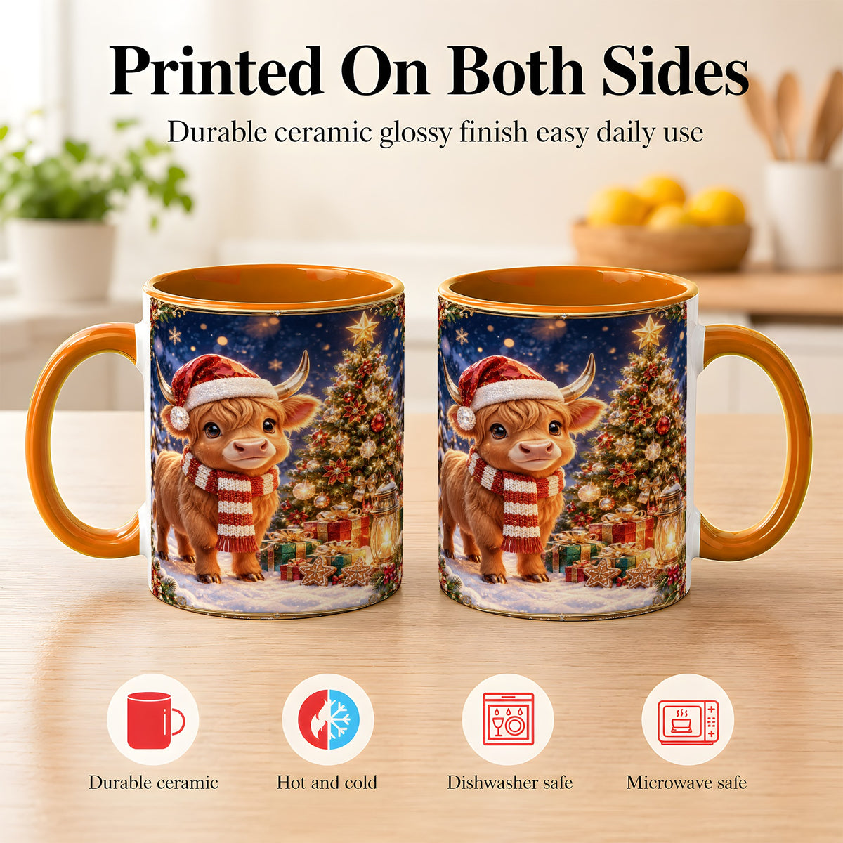 #pl[11oz|Orange] Cute Christmas Highland Cow Coffee Mug, Holiday Cow Mug, Ceramic Cup