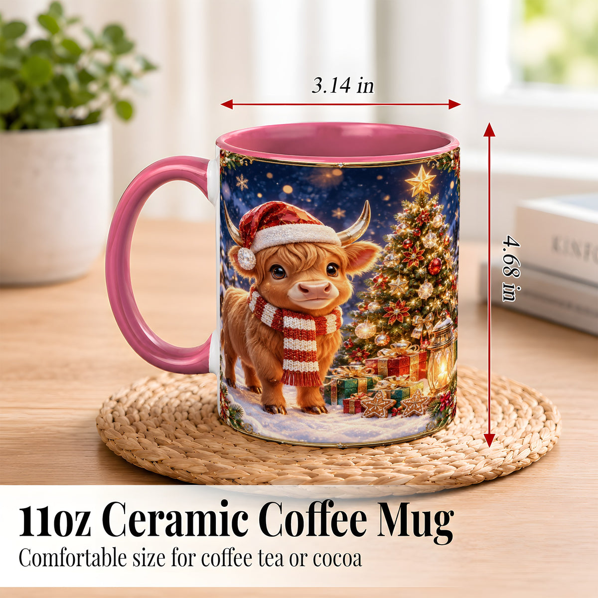 #pl[11oz|Pink] Cute Christmas Highland Cow Coffee Mug, Holiday Cow Mug, Ceramic Cup