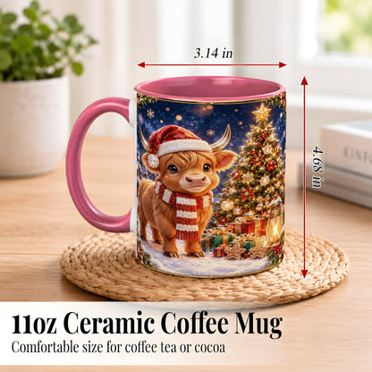 #pl[11oz|Pink] Cute Christmas Highland Cow Coffee Mug, Holiday Cow Mug, Ceramic Cup